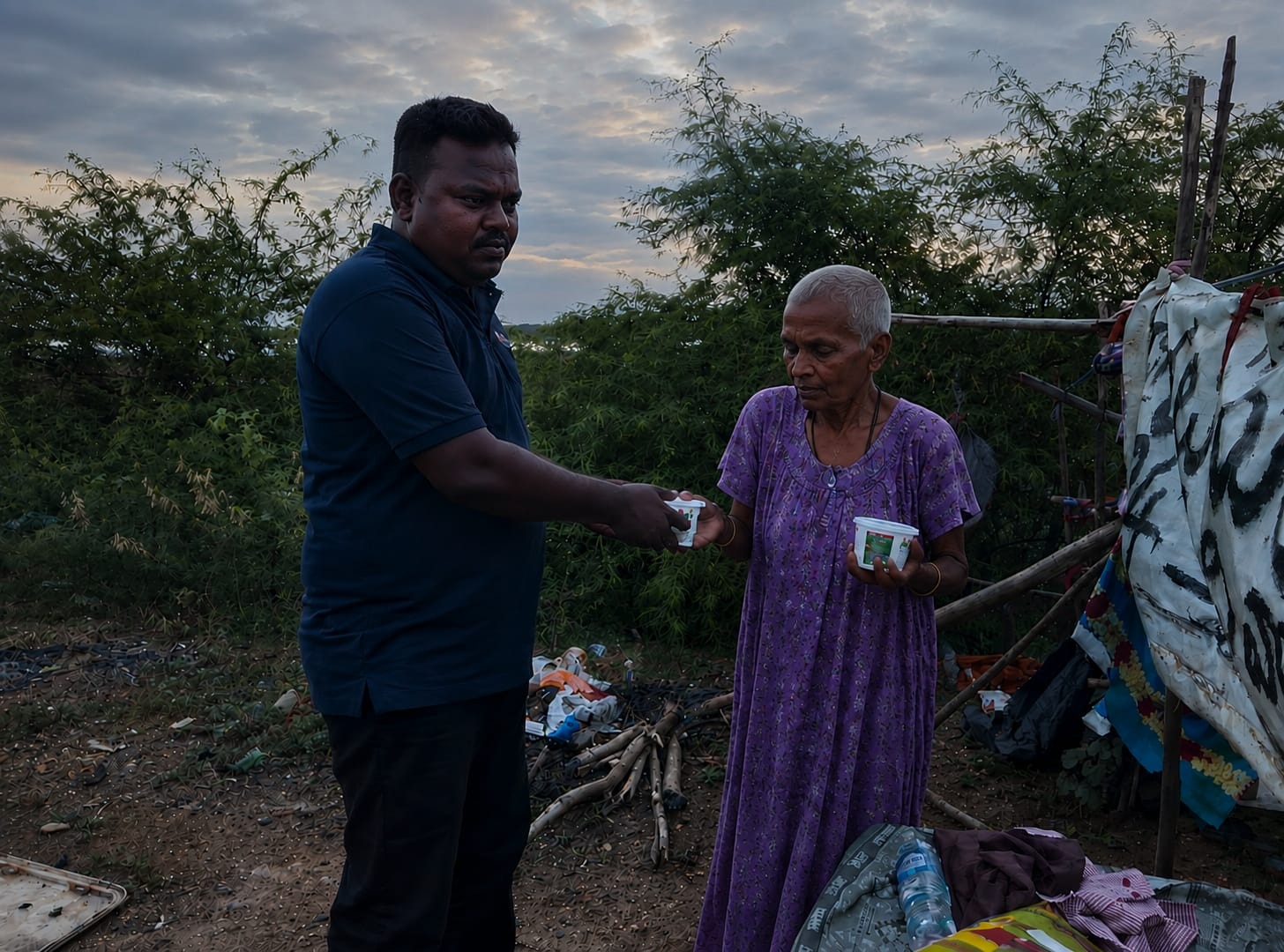 A Blooming Heartz volunteer handing food to Gangammal on the roadside at dusk